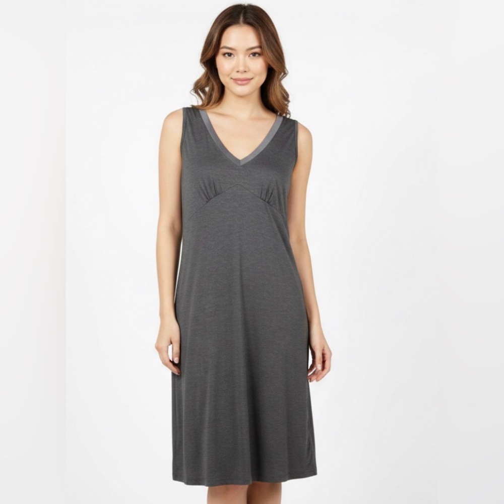 Ekouaer Nightgown Womens M Gray Knit Nightshirt V Neck Sleepshirt Ribbon Trim